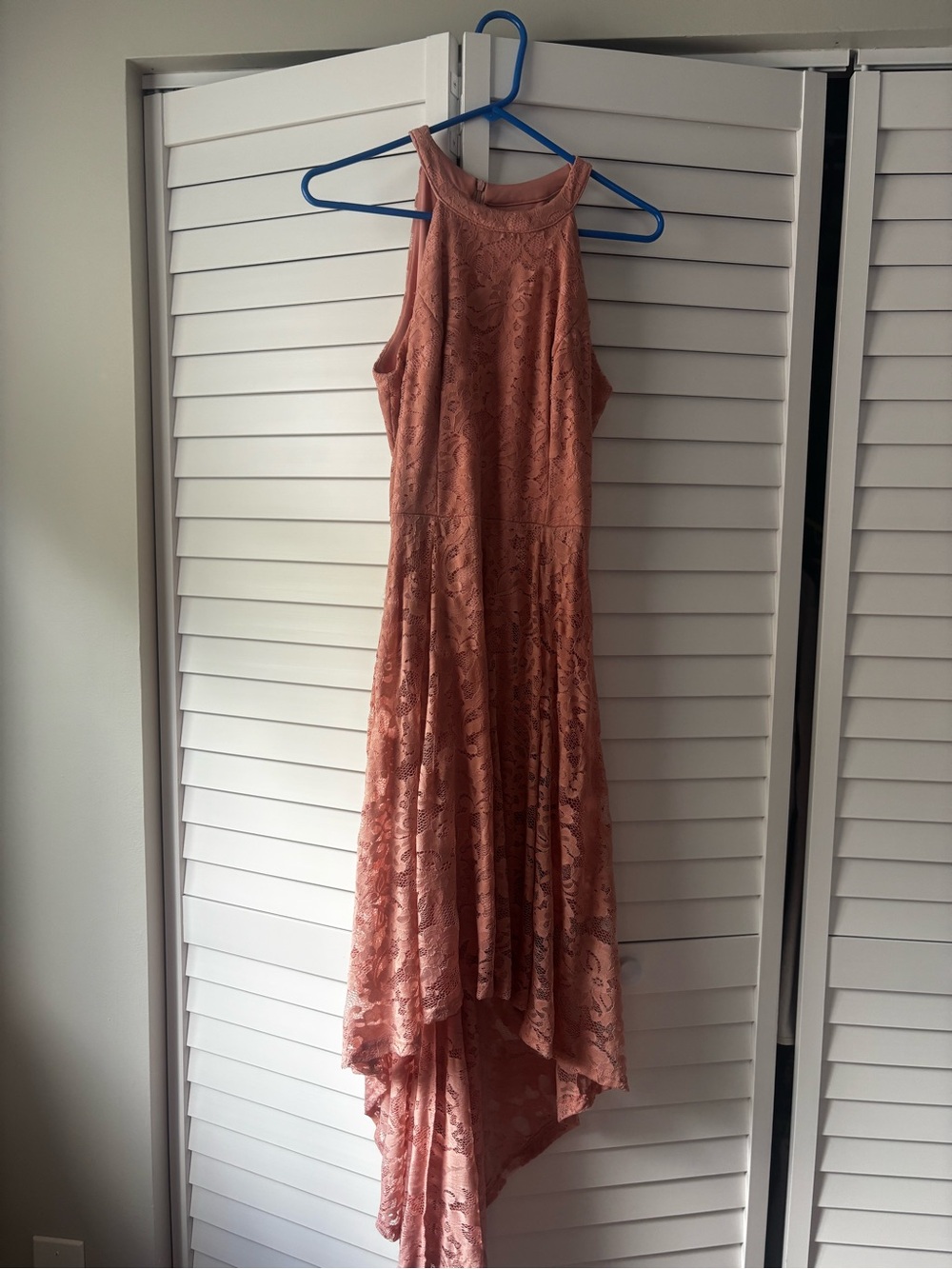 High-Neck Lace Asymmetrical Dress in Dusty Rose